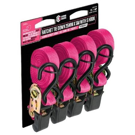 Pink Ratchet Tie down 25Mm X 5M With S Hook - 4 Pack RTDS255-4