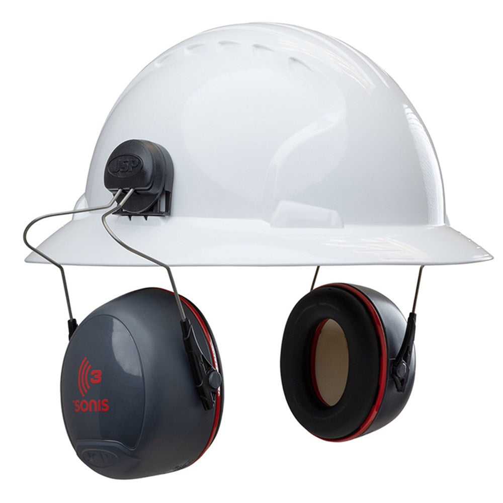 Sonis3 Full Brim Helmet Mounted Grey/Red Plate Earmuffs Class 5 – 32Db