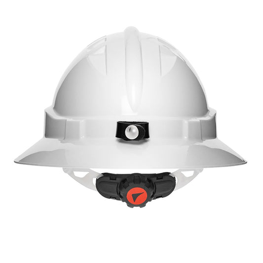 V6 Hard Hat Unvented Full Brim with Lamp Bracket and Ratchet Harness - White