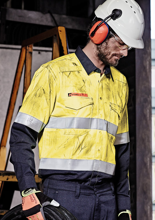 ZW140 Syzmik Mens Orange Flame Hi Vis Open Front Spliced Shirt - Hoop Taped